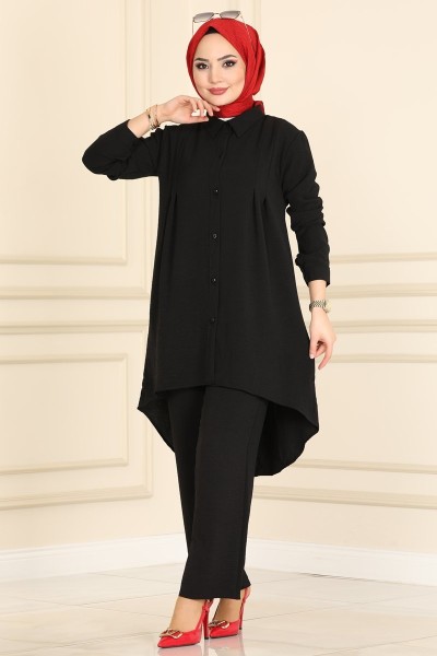 طقم قطعتين أسود (بلوز طويل + بنطال)   5583AYD574