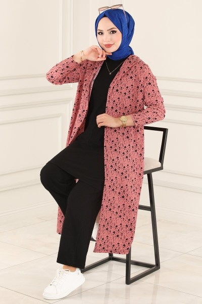 طقم ثلاث قطع زهري (مانطو قصير +بلوز طويل + بنطال)   7001YNS793