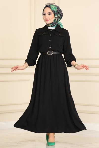 طقم قطعتين أسود (بلوز طويل + تنورة) + القلادة هدية  8057MU795 
